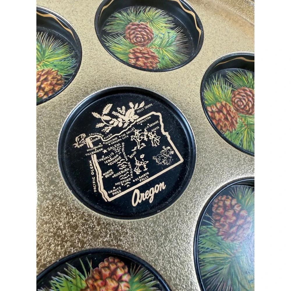 Vintage Oregon Pinecone Coaster Tray Set Gold Metal Barware 1960s MCM